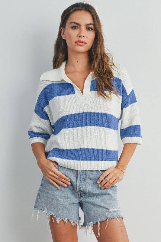 Varsity Blues Striped Collared Sweater