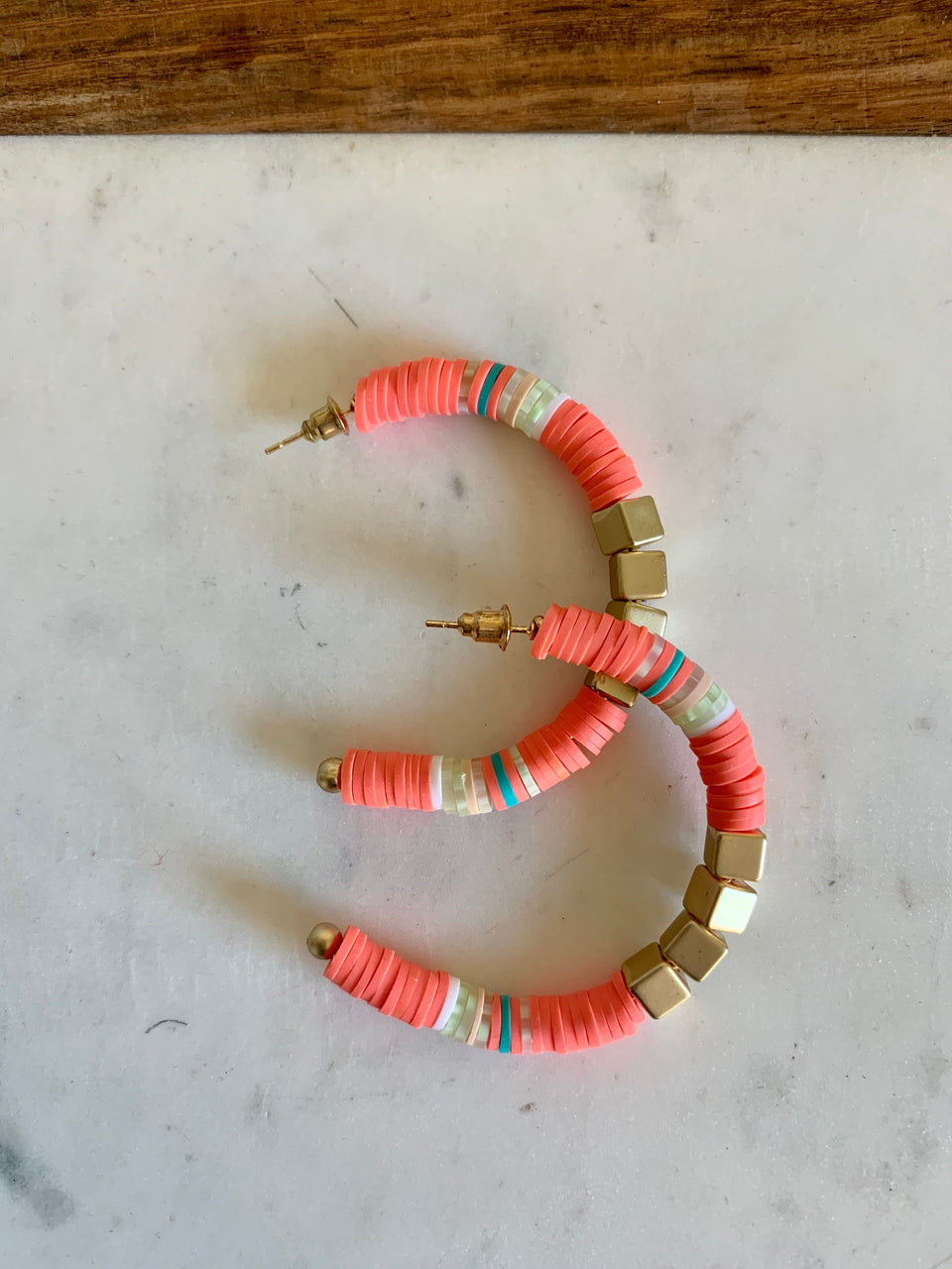 Coral // Flat Disc Gold Square Bead Open Hoop Earrings