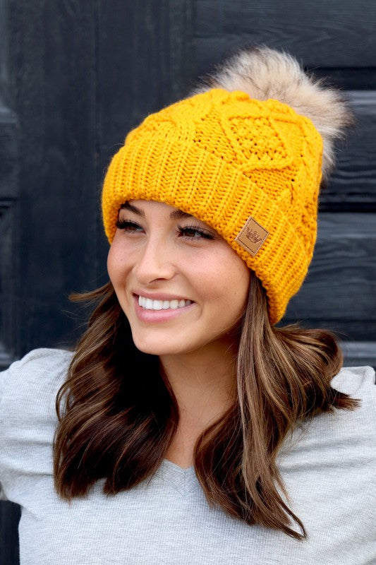 Mustard // Snow Capped Cable Knit Pom Beanie